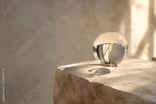 Solid optical crystal glass sphere refracting inverted daylight