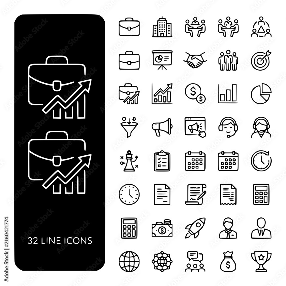 Fototapeta premium Business 32 Line Icons Set with Professional Corporate and Finance Symbols