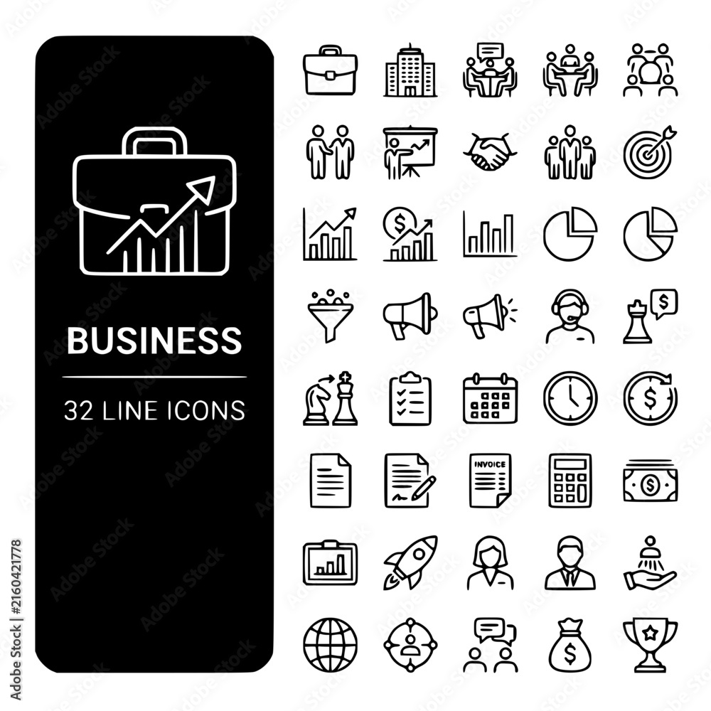 Fototapeta premium Business 32 Line Icons Set with Professional Corporate and Finance Symbols