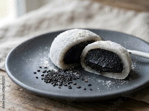 Sliced black sesame mochi dessert on rustic plate with scattered seeds for gourmet presentation