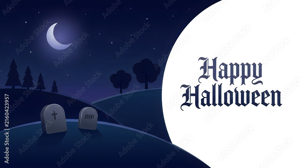 Obraz premium Spooky Halloween night scene with glowing full moon and festive greeting text overlay.