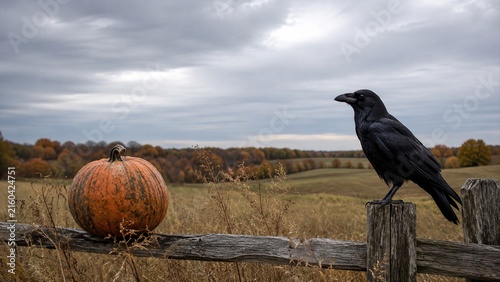 Black raven beside weathered pumpkin on rustic fence overlooking fields under brooding autumn sky
