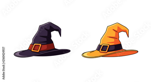 Two classic pointy witch hats for Halloween in deep purple and vibrant orange with gold buckles on white background.