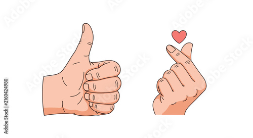 Positive hand gestures featuring a classic thumbs up and a Korean finger heart with a small pink heart above it.