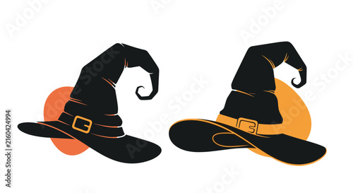 Witch hats for Halloween with gold buckles on pointed black brims, displayed in a retro vector illustration design.
