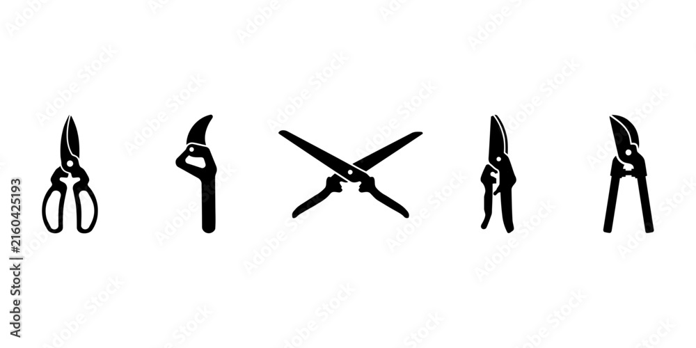 Obraz premium Five black silhouette of various garden pruning shears and scissors for plant maintenance isolated on a plain white background for