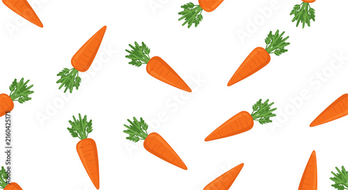 Seamless pattern of ripe orange carrots with green tops scattered across a clean white background for food design.
