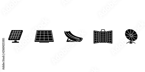 Set of solar energy technology featuring photovoltaic panels and satellite dish silhouettes for renewable energy and power concepts