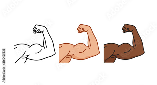 Muscular arm flexing biceps shown in line art, light skin tone, and dark skin tone, symbolizing power and diversity.
