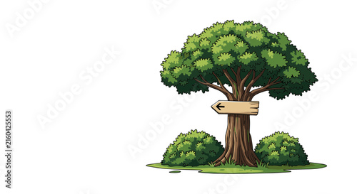 Green leafy tree with a blank wooden direction arrow sign board attached to its trunk on a clean white background.