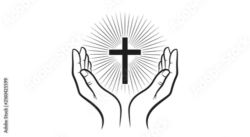 Shining Christian cross held inside cupped hands in a clean outline vector style, depicting faith and prayer.