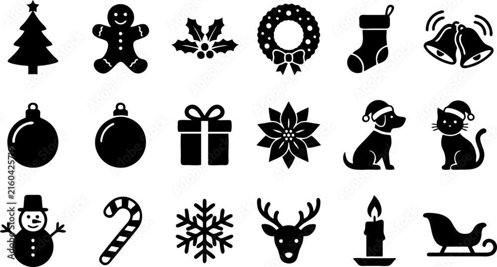 Naklejka premium Christmas icon set with 18 black silhouette vectors. Holiday symbols including reindeer, snowman, and tree. Winter festive graphics for cards.