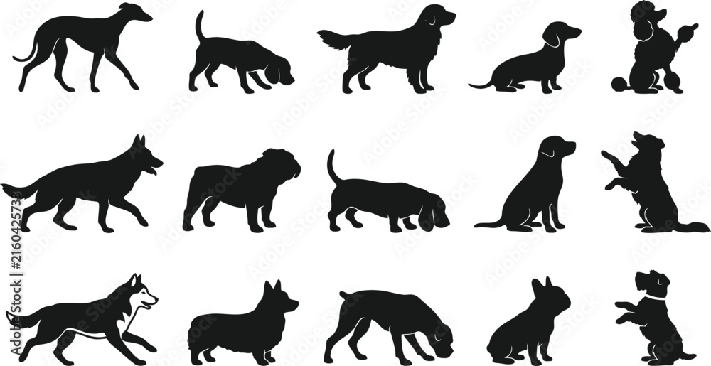 Obraz premium Dog breed silhouettes collection, 15 black canine vector icons, assorted pet animal profiles for veterinary and pet shop branding