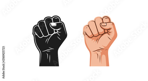 Two raised fist symbols representing solidarity and power, shown in solid black and realistic skin tone.