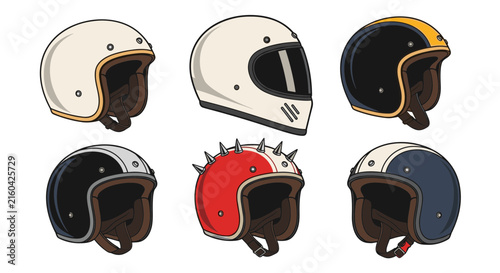 Collection of six stylish vintage motorcycle helmets in different color schemes and unique spiked design.