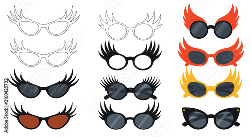 Collection of twelve creative novelty glasses featuring fancy eyelashes, wings, and colorful flame designs.