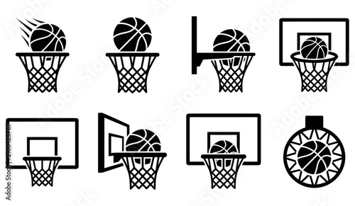 Basketball hoop vector icon set featuring basketball ball going through net and backboard designs basketball backboard