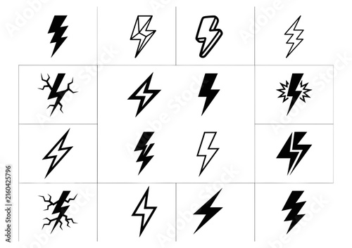 Lightning bolt vector icon set depicting electrical energy flashes and thunderstorm strikes with lightning, electric