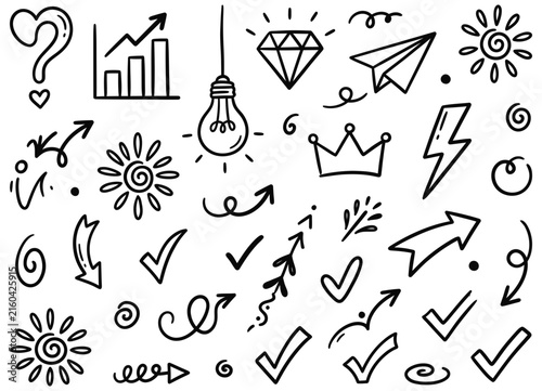 Hand drawn business doodles set including light bulb diamond and arrows with business lightbulb illustration question