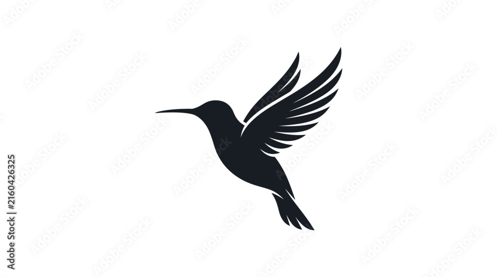 Fototapeta premium Minimalist black vector illustration showing a delicate hummingbird in flight with elegant and smooth wing strokes