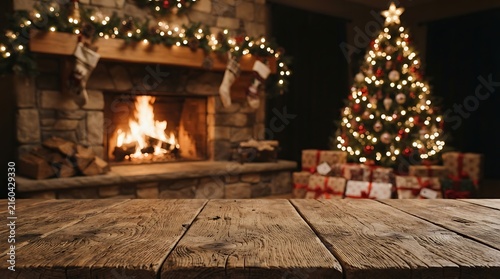 Holiday table with christmas tree and fireplace  with copy space