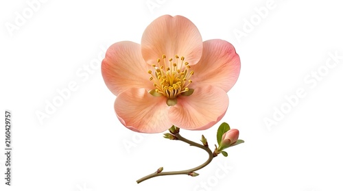 Single peach colored blossom flower branch isolated on white background studio shot with isolated background botanical colorful perennial