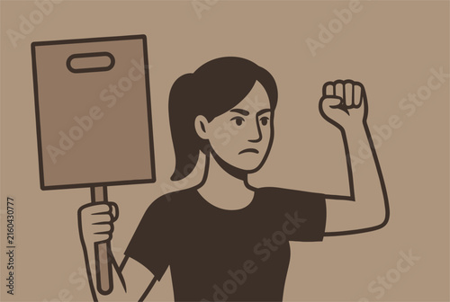 Angry young woman holding a blank protest sign and raising her fist in a passionate gesture, monochrome style.