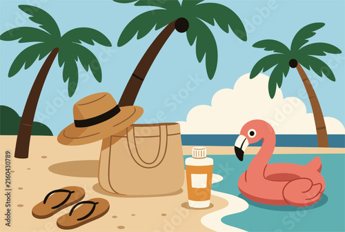 Sunny beach scene featuring tropical palm trees, a beach bag, straw hat, flip flops, sunscreen, and a pink flamingo float.