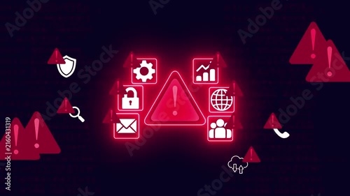 Red cyber security threat alert with virus and warning symbols on dark background red warning virus digital padlock