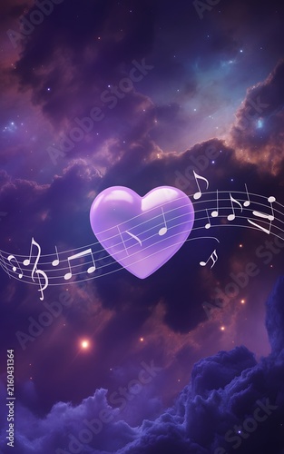 Shiny purple heart with musical notes traversing a dramatic cloudy sky and celestial stars