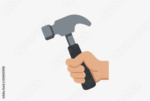 Male hand holding a silver claw hammer with a black rubber grip handle isolated on a plain white background.