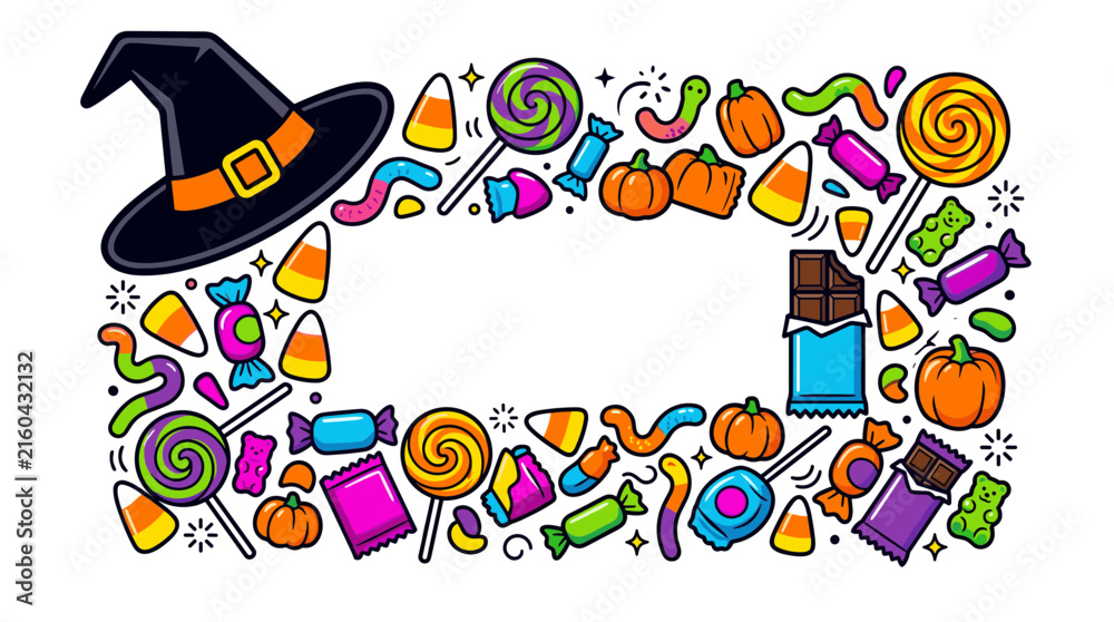 Fototapeta premium Halloween witch hat surrounded by assorted candies and pumpkins