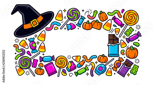 Halloween witch hat surrounded by assorted candies and pumpkins