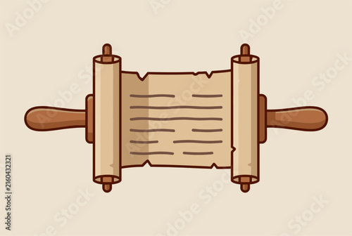 Ancient parchment paper scroll with wooden handles and handwriting lines in simple flat cartoon style.