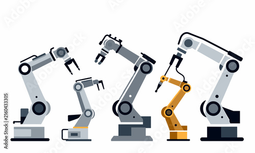 Set of robotic arms and industrial robots used in automated manufacturing, factory assembly, and modern technology.