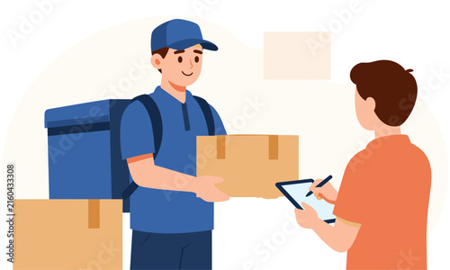 Friendly courier in blue uniform delivering a cardboard box to a customer who signs the delivery document on a tablet.