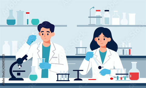 Professional scientists in white lab coats doing research and chemical experiments with lab equipment in a laboratory.
