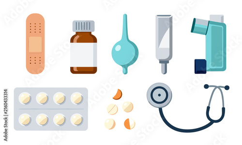 Essential medical supplies and healthcare items including stethoscope, pills, plaster, syringe, and medicine bottle.