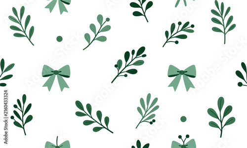 Elegant seamless pattern featuring green branches, leaves, and ribbons on a clean white background, perfect for wrapping.