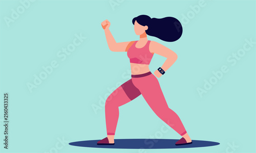 Fit young woman in pink sportswear doing exercises and monitoring progress with her smart watch on a blue background.