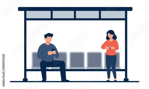 Man using his smartphone and woman looking at her watch while waiting for transport at a modern city bus stop.