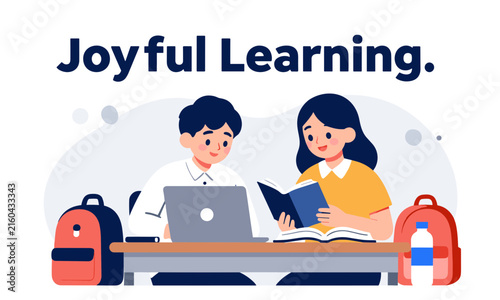 Boy and girl sitting at a desk with a laptop and a book, studying together happily under the text Joyful Learning.