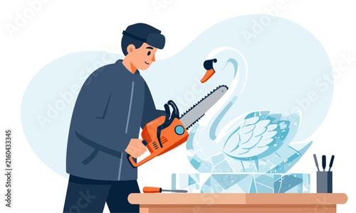 Talented sculptor carving a beautiful swan ice sculpture using a chainsaw on a workshop table in winter.