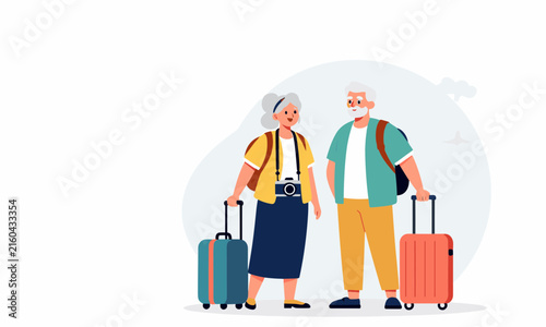 Happy senior couple with suitcases and a camera, ready for their travel adventure on a clean white background.