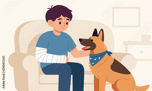 Caring boy with a bandaged broken arm sitting on a sofa and petting his loyal German Shepherd therapy dog at home.