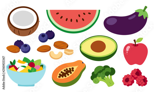 Nutritional collection of healthy food options featuring fresh fruits, green vegetables, nuts, and a salad bowl.
