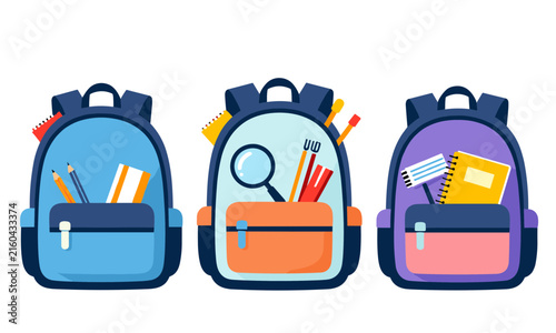 Set of three colorful school backpacks filled with various school supplies like pencils, notebooks, and magnifiers.