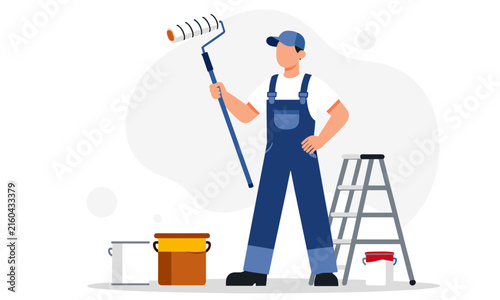 Professional house painter in blue overalls holding a long paint roller next to a metal ladder and cans of paint.
