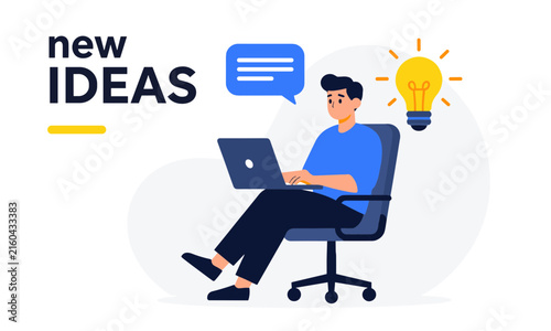 Creative young man working on his laptop at a desk with a bright yellow lightbulb, under the text new IDEAS.