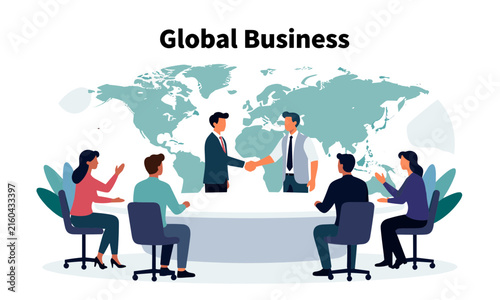 Professional business team discussing global strategy in a conference room with a world map under Global Business text.